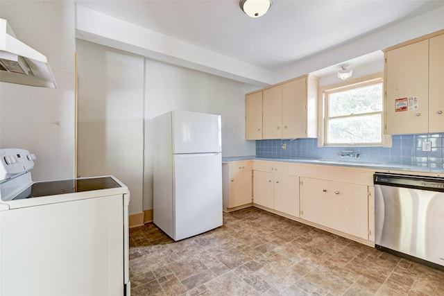 1737 Branard St, Houston, TX 77098 - kitchen featuring freestanding refrigerator, stainless steel dishwasher, electric stove, cream cabinetry, and ventilation hood