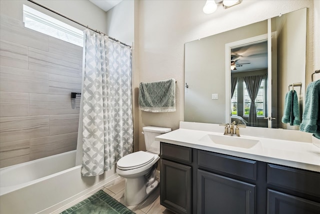 18311 Windspring Falls Ln, Cypress, TX 77433 - full bathroom featuring shower / bathtub combination with curtain, vanity, and a ceiling fan
