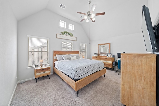 1509 Grayson Oaks Pl, Houston, TX 77043 - bedroom with light colored carpet, high vaulted ceiling, and a ceiling fan