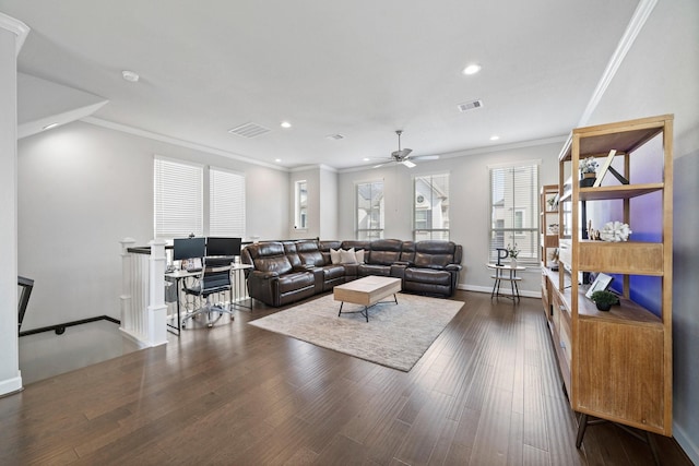 1509 Grayson Oaks Pl, Houston, TX 77043 - living area with ceiling fan, crown molding, dark wood finished floors, recessed lighting, and a desk
