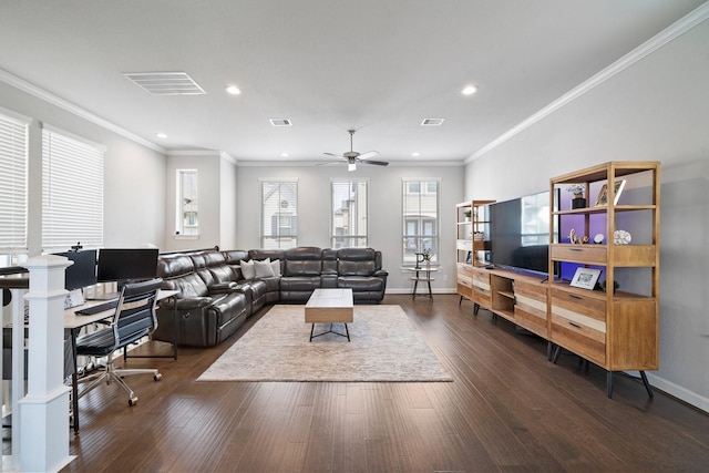 1509 Grayson Oaks Pl, Houston, TX 77043 - living area featuring recessed lighting, dark wood-style flooring, ceiling fan, a desk, and ornamental molding