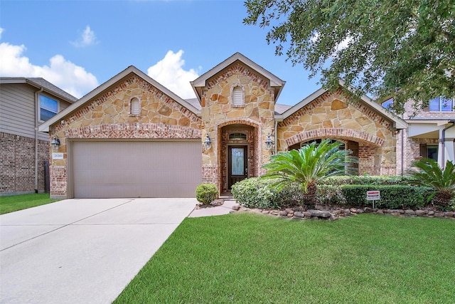 21283 Lily Springs Dr, Porter, TX 77365 - view of front of house featuring stone siding, a front yard, concrete driveway, and a garage