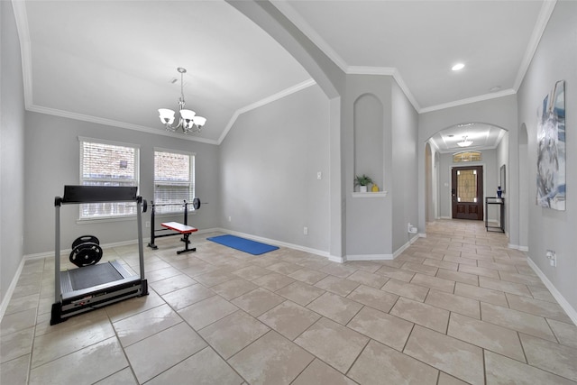21283 Lily Springs Dr, Porter, TX 77365 - exercise area with light tile patterned flooring, arched walkways, a chandelier, ornamental molding, and vaulted ceiling
