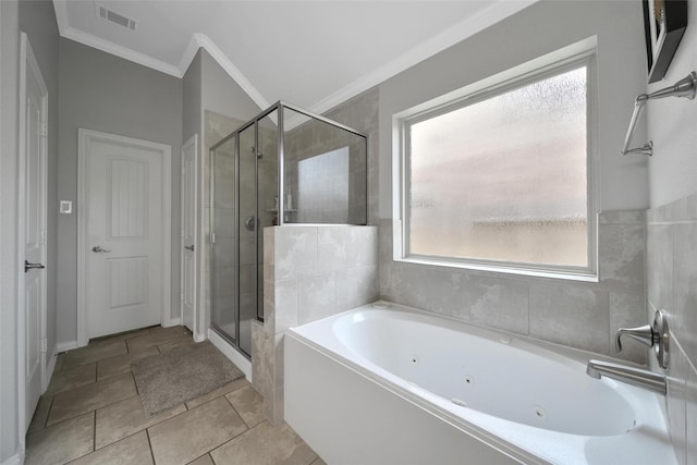 21283 Lily Springs Dr, Porter, TX 77365 - full bathroom featuring crown molding, a jetted tub, and a shower stall