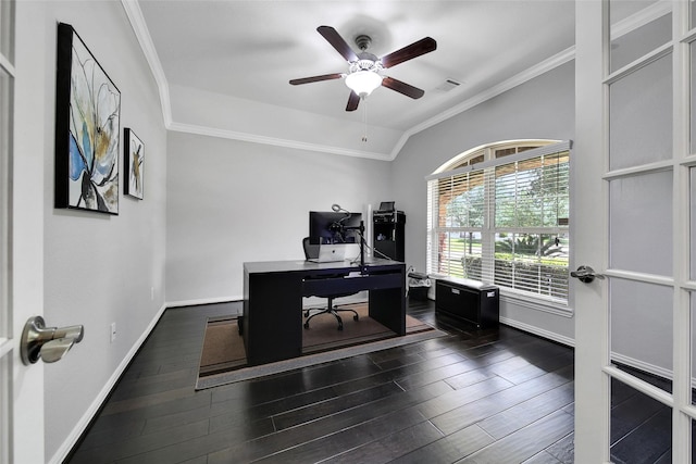 21283 Lily Springs Dr, Porter, TX 77365 - home office featuring ornamental molding, lofted ceiling, dark wood-type flooring, and ceiling fan