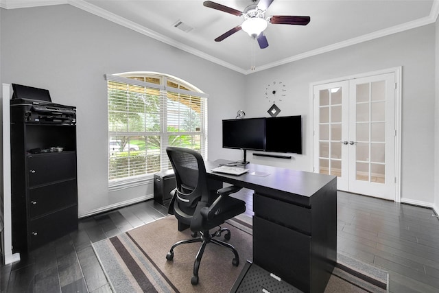 21283 Lily Springs Dr, Porter, TX 77365 - home office with french doors, dark wood-style floors, ornamental molding, and ceiling fan