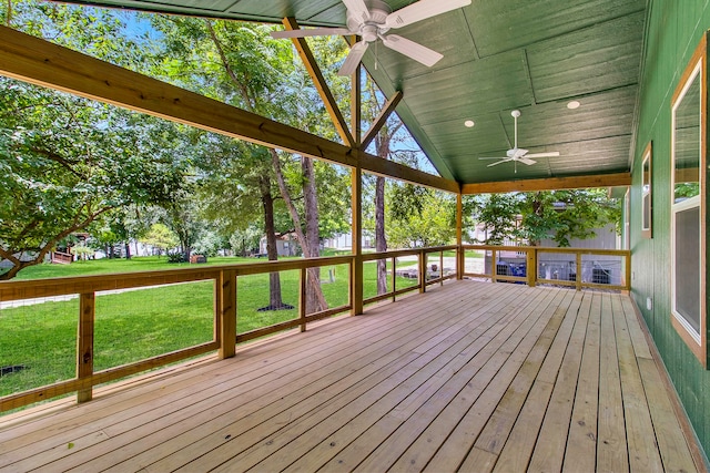 220 Tortuga Way, Point Blank, TX 77364 - wooden terrace with a ceiling fan and a lawn