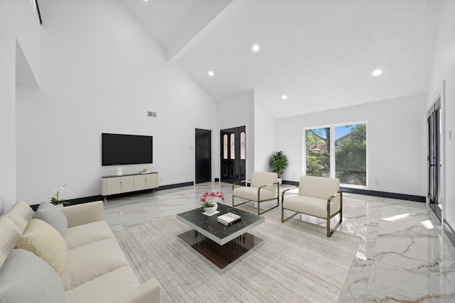 20923 Marcin Dr, Spring, TX 77388 - living area with light marble finish flooring, recessed lighting, high vaulted ceiling, and beamed ceiling