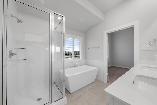 19911 Curved Steel Dr, Cypress, TX 77433 - bathroom featuring a shower stall, a soaking tub, and double vanity