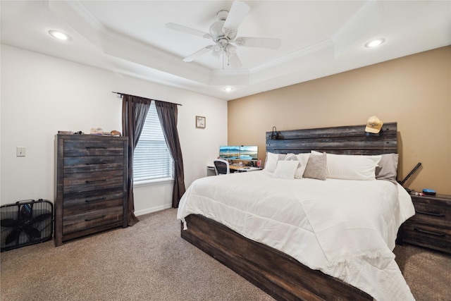 176 Bending Oak, Pollok, TX 75969 - bedroom featuring carpet floors, ornamental molding, recessed lighting, a raised ceiling, and a ceiling fan