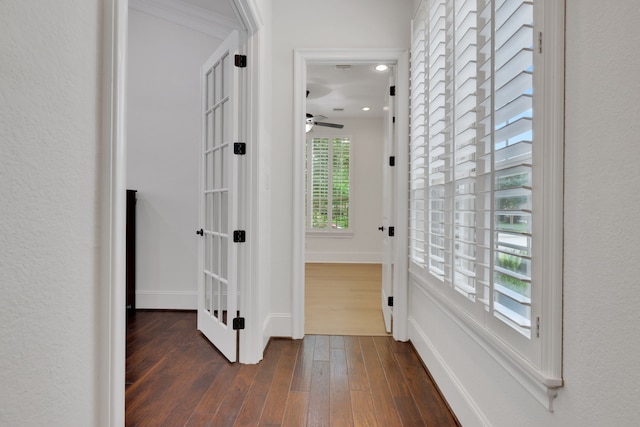 24918 Granite Bluff Ln, Katy, TX 77494 - corridor featuring dark wood-type flooring, french doors, and recessed lighting