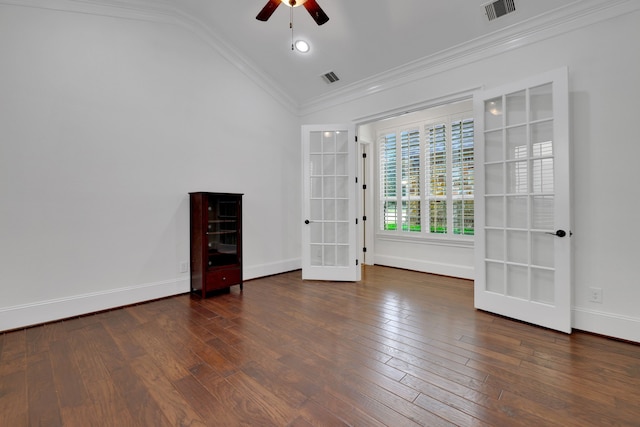 24918 Granite Bluff Ln, Katy, TX 77494 - unfurnished room featuring french doors, ornamental molding, ceiling fan, vaulted ceiling, and wood-type flooring
