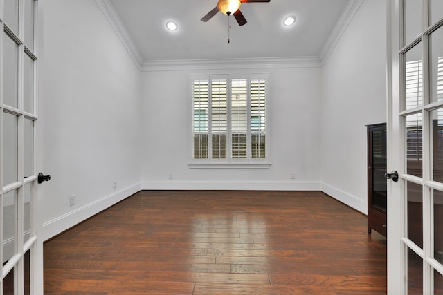 24918 Granite Bluff Ln, Katy, TX 77494 - spare room with french doors, ceiling fan, crown molding, dark wood finished floors, and recessed lighting