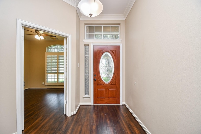 22602 Water Edge Ln, Katy, TX 77494 - foyer entrance with dark wood-style floors, ornamental molding, and ceiling fan