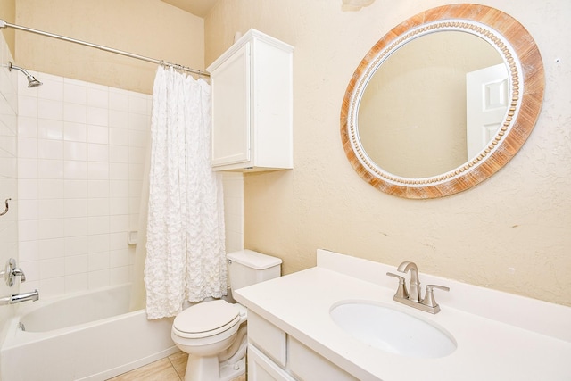 22602 Water Edge Ln, Katy, TX 77494 - full bathroom with shower / tub combo with curtain, vanity, tile patterned floors, and a textured wall