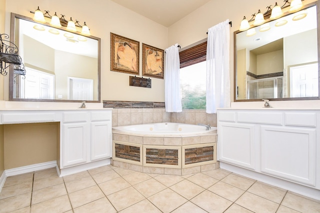 22602 Water Edge Ln, Katy, TX 77494 - full bathroom with a garden tub, two vanities, tile patterned flooring, and a shower stall