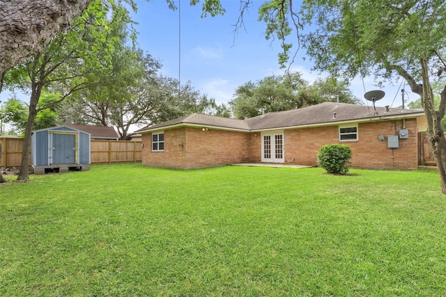 9614 Hammerly Blvd, Houston, TX 77080 - back of house with french doors, a fenced backyard, a shed, and brick siding