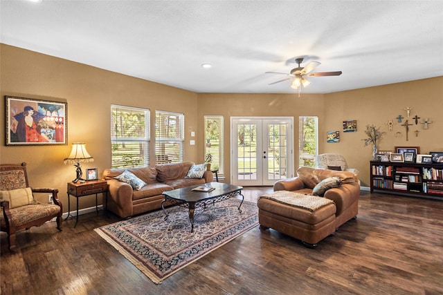 847 Cottletown Rd, Smithville, TX 78957 - living area featuring dark wood-style flooring, a ceiling fan, french doors, and recessed lighting
