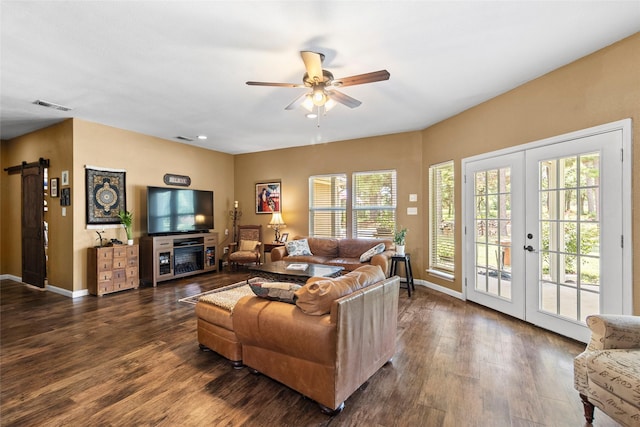 847 Cottletown Rd, Smithville, TX 78957 - living room with french doors, dark wood-type flooring, a ceiling fan, and recessed lighting