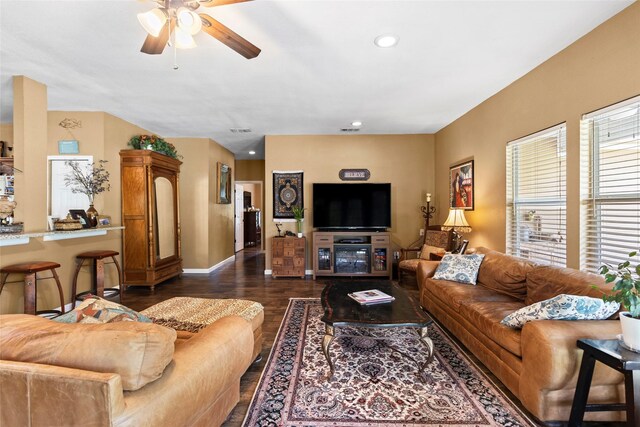 847 Cottletown Rd, Smithville, TX 78957 - living room with ceiling fan, dark wood finished floors, and recessed lighting