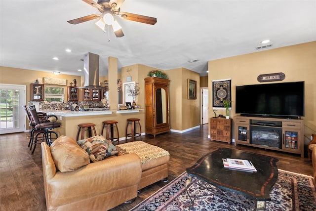 847 Cottletown Rd, Smithville, TX 78957 - living room featuring wood finished floors, ceiling fan, and recessed lighting