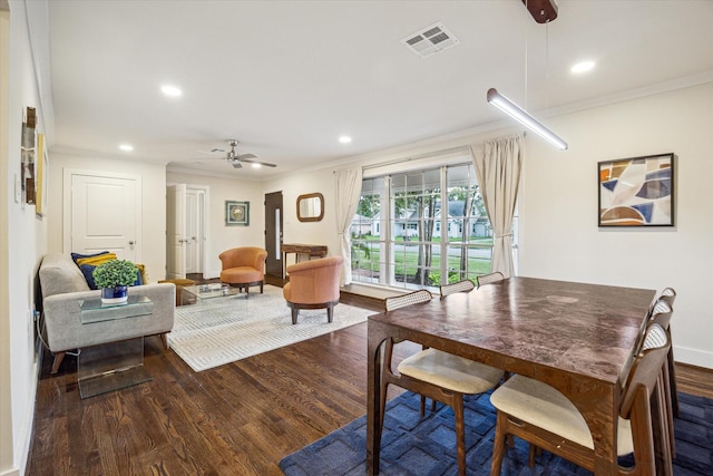 10707 Moonlight Dr, Houston, TX 77096 - dining area featuring dark wood finished floors, crown molding, a ceiling fan, and recessed lighting