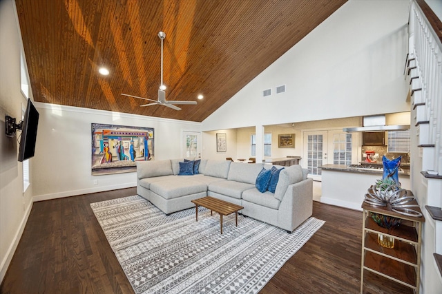 10707 Moonlight Dr, Houston, TX 77096 - living room featuring high vaulted ceiling, french doors, ceiling fan, wood finished floors, and recessed lighting