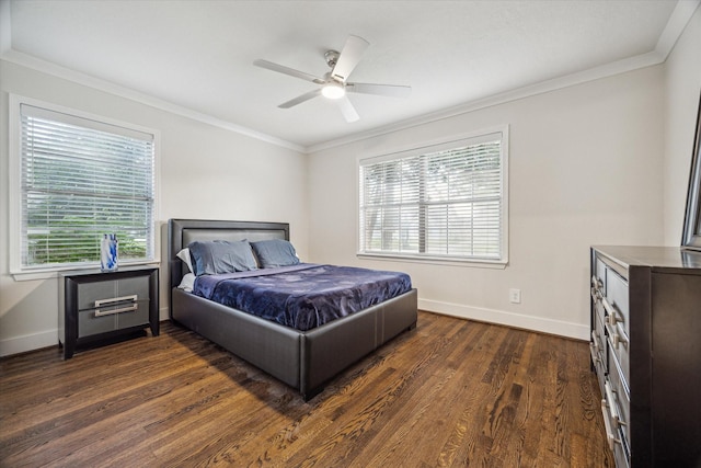 10707 Moonlight Dr, Houston, TX 77096 - bedroom featuring ornamental molding, dark wood finished floors, and a ceiling fan