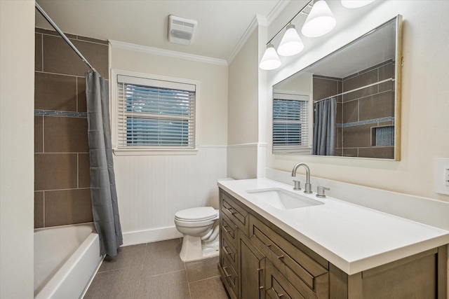 10707 Moonlight Dr, Houston, TX 77096 - full bathroom featuring vanity, ornamental molding, shower / bath combo with shower curtain, tile patterned flooring, and a wainscoted wall