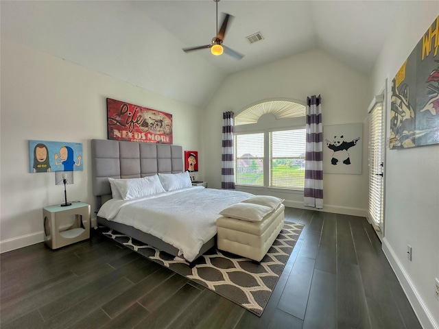 12571 St Ann Ct, Willis, TX 77318 - bedroom with dark wood-type flooring, lofted ceiling, and ceiling fan