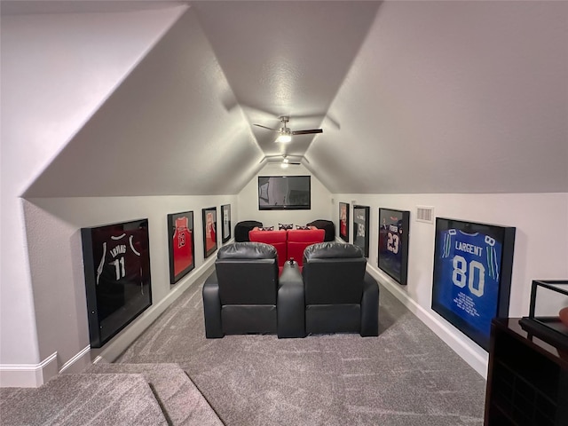 12571 St Ann Ct, Willis, TX 77318 - cinema room featuring carpet floors, lofted ceiling, and ceiling fan