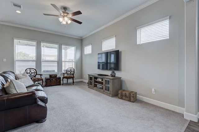 3207 Coach Horse Ln, Houston, TX 77080 - living area with crown molding, a ceiling fan, and carpet floors