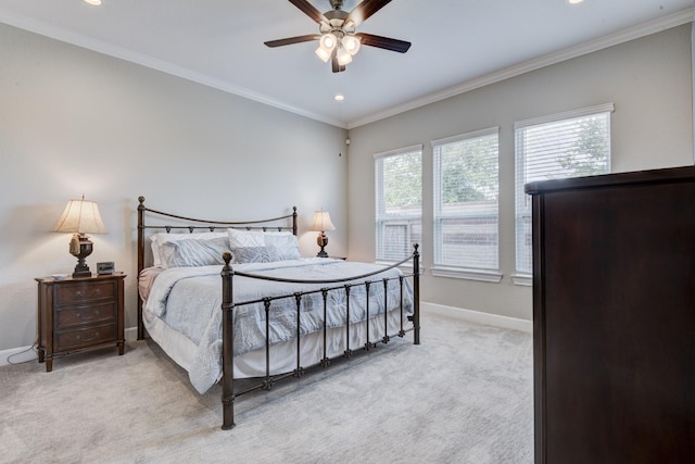 3207 Coach Horse Ln, Houston, TX 77080 - bedroom with light carpet, ornamental molding, a ceiling fan, and recessed lighting