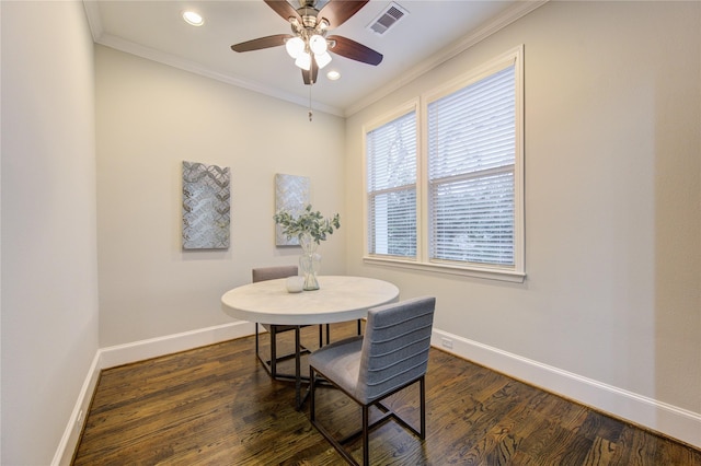 5531 Pine St Unit H, Houston, TX 77081 - dining area featuring ornamental molding, dark wood-type flooring, ceiling fan, and recessed lighting