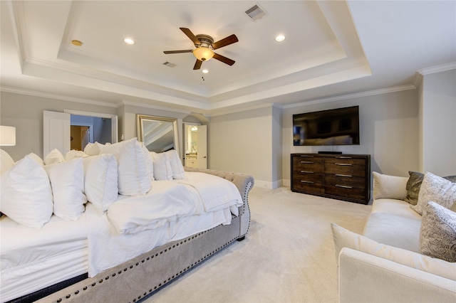 5531 Pine St Unit H, Houston, TX 77081 - bedroom with a raised ceiling, light carpet, recessed lighting, ceiling fan, and ornamental molding