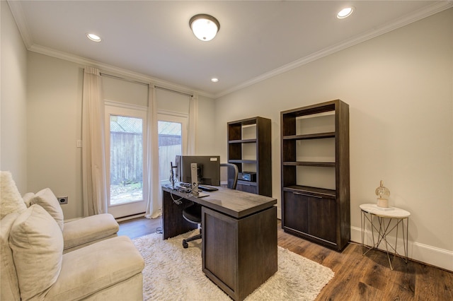 5531 Pine St Unit H, Houston, TX 77081 - office with crown molding, dark wood finished floors, and recessed lighting