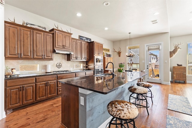 2928 San Milan Pass, Round Rock, TX 78665 - kitchen with under cabinet range hood, a kitchen bar, light wood finished floors, recessed lighting, and stainless steel appliances