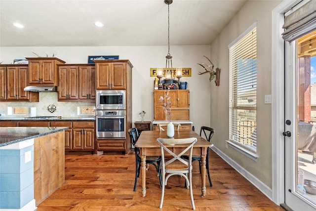 2928 San Milan Pass, Round Rock, TX 78665 - kitchen featuring appliances with stainless steel finishes, under cabinet range hood, wood finished floors, brown cabinetry, and backsplash