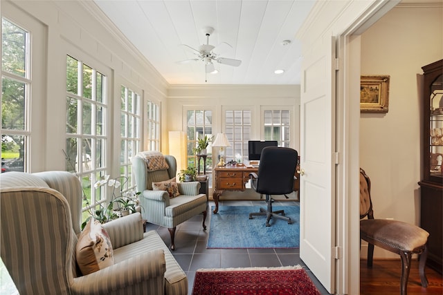 1311 Peden St, Houston, TX 77006 - office area with crown molding, healthy amount of natural light, a ceiling fan, and dark tile patterned floors