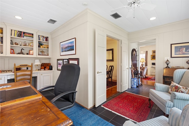 1311 Peden St, Houston, TX 77006 - office with ornamental molding, dark tile patterned floors, a ceiling fan, and recessed lighting