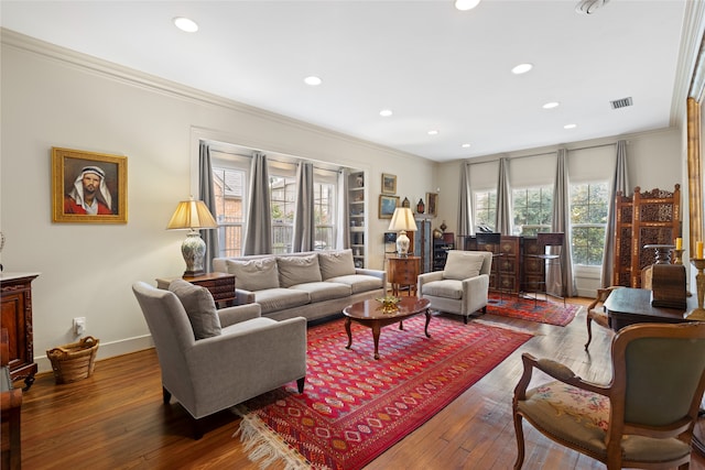 1311 Peden St, Houston, TX 77006 - living area with crown molding, recessed lighting, and wood-type flooring