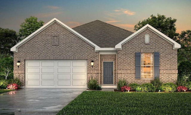 25033 Pomegranate Pl, Montgomery, TX 77316 - view of front of house featuring brick siding, concrete driveway, a garage, roof with shingles, and a front yard