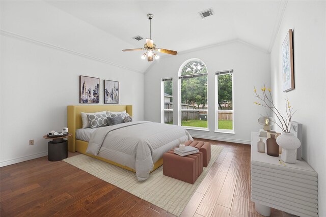 1711 Alcorn Bayou Dr, Sugar Land, TX 77479 - bedroom featuring vaulted ceiling, wood-type flooring, and a ceiling fan
