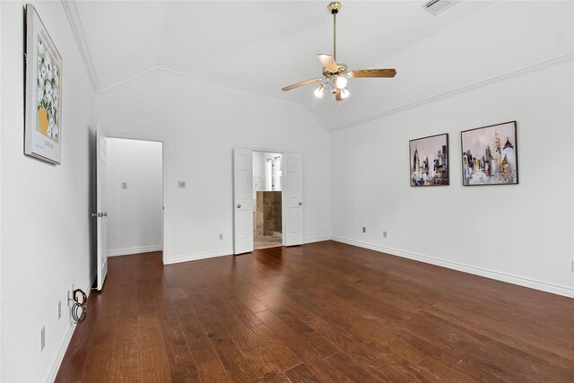 1711 Alcorn Bayou Dr, Sugar Land, TX 77479 - unfurnished bedroom with lofted ceiling, hardwood / wood-style floors, ensuite bathroom, a ceiling fan, and crown molding