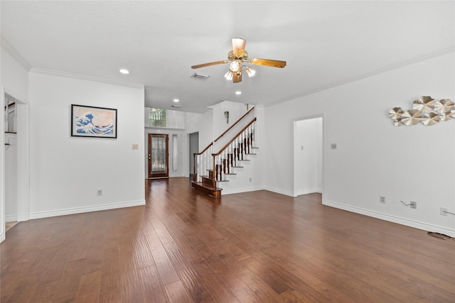 1711 Alcorn Bayou Dr, Sugar Land, TX 77479 - unfurnished living room with stairs, a ceiling fan, dark wood-style floors, recessed lighting, and ornamental molding