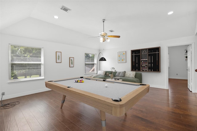 1711 Alcorn Bayou Dr, Sugar Land, TX 77479 - recreation room featuring lofted ceiling, billiards table, a ceiling fan, wood finished floors, and recessed lighting
