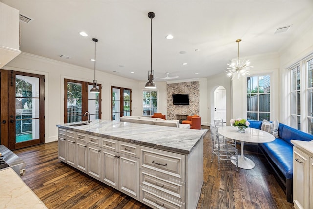 3001 Tangley Rd, West University Place, TX 77005 - kitchen with dark wood-type flooring, crown molding, a stone fireplace, healthy amount of natural light, and arched walkways