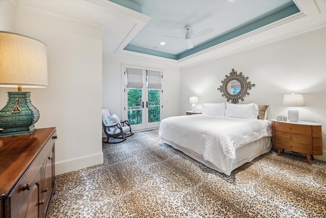 3001 Tangley Rd, West University Place, TX 77005 - bedroom featuring a tray ceiling, access to outside, french doors, crown molding, and recessed lighting
