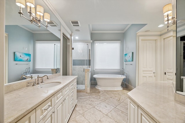 3001 Tangley Rd, West University Place, TX 77005 - full bathroom featuring a shower stall, a freestanding tub, vanity, crown molding, and a chandelier