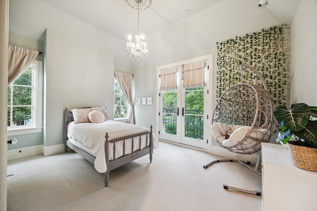 3001 Tangley Rd, West University Place, TX 77005 - carpeted bedroom with access to outside, a chandelier, french doors, and lofted ceiling